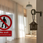 House key in door beside a “No exit” sign, symbolising stability in the rental market