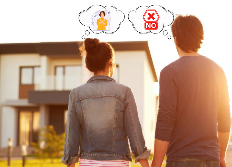 Couple looking at a modern house while reconsidering homeownership due to high costs