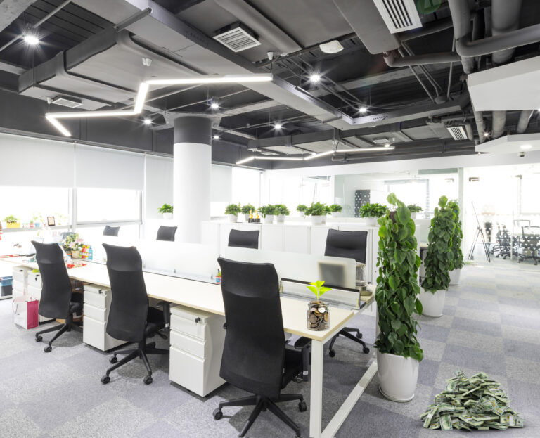 Modern open-plan office with bright lighting and greenery symbolizing growing property investments