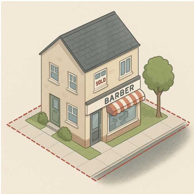 Mixed-use property illustration showing a barber shop with a sold sign, representing strategic property investment.