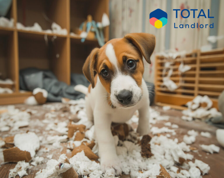 Puppy surrounded by torn items illustrating pet damage risk for landlords
