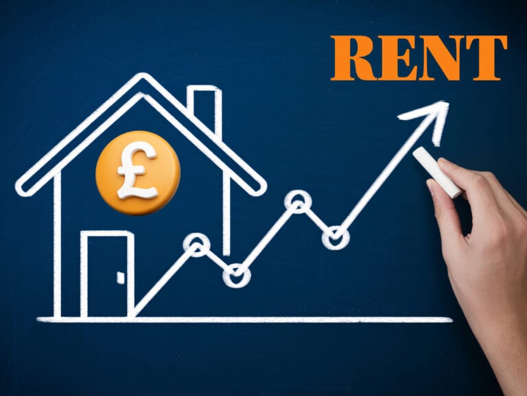 Chalk house with pound symbol and rising arrow illustrating UK rent increases to £1,343 in July 2025.