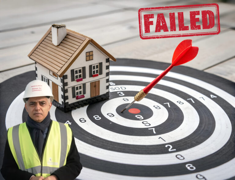 Model house on a dartboard with “FAILED” stamp symbolising missed London housing targets.