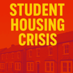 Student housing crisis poster with bold text over terraced houses.