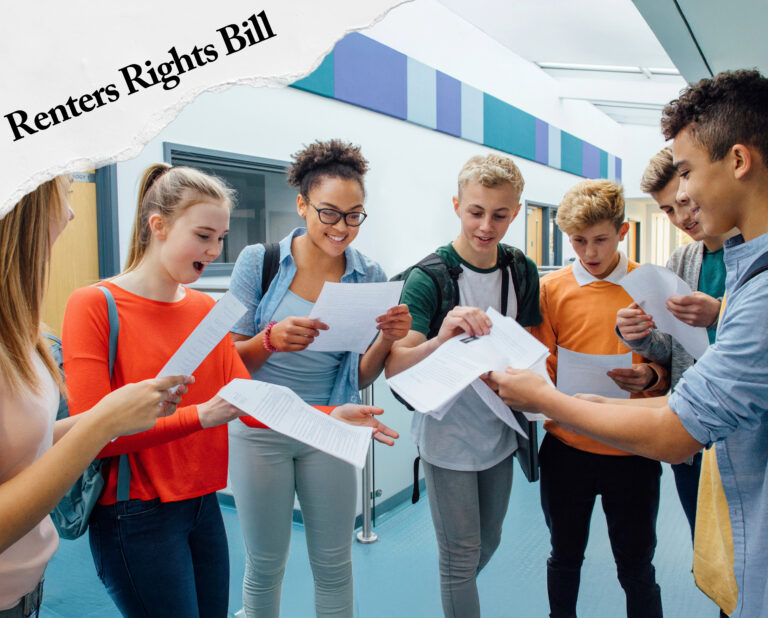 Students celebrating exam results while discussing the Renters’ Rights Bill and its impact on housing.