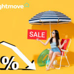 Woman holding sale sign under beach umbrella symbolising summer property discounts