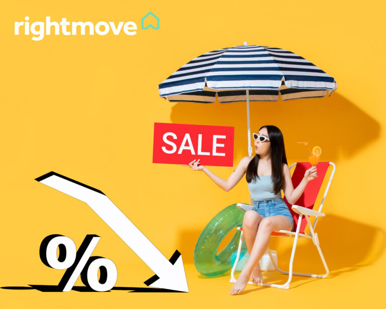 Woman holding sale sign under beach umbrella symbolising summer property discounts