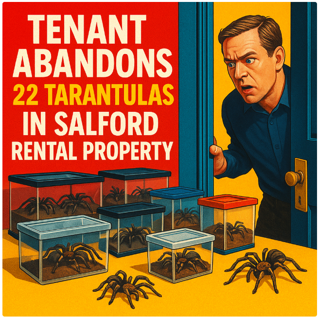 Landlord opening a rental property door to find 22 tarantulas in tanks