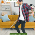 Student listening to music while cleaning living room with mop