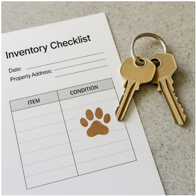 Rental property checklist with keys and paw print symbolising a pet left behind