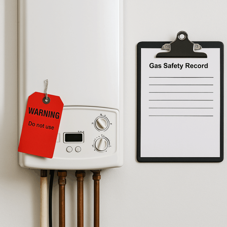 A gas boiler with a red warning tag beside a blank gas safety record form.