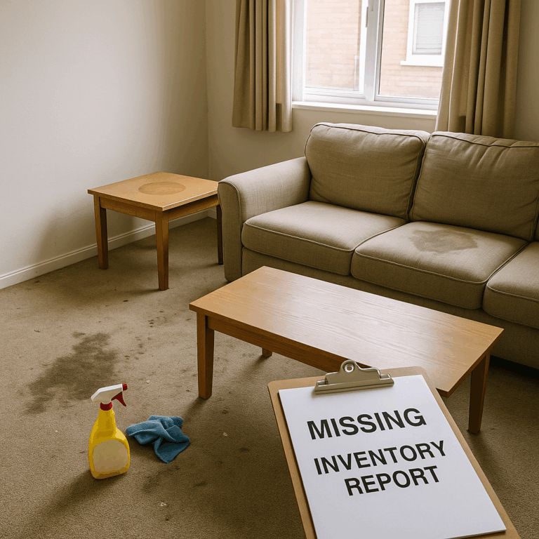 A damaged rental living room with stains and missing inventory report on the table.