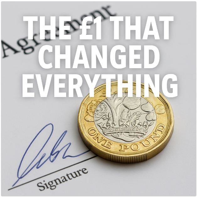 £1 coin on signed agreement symbolising a legal transaction that protected a landlord from liability
