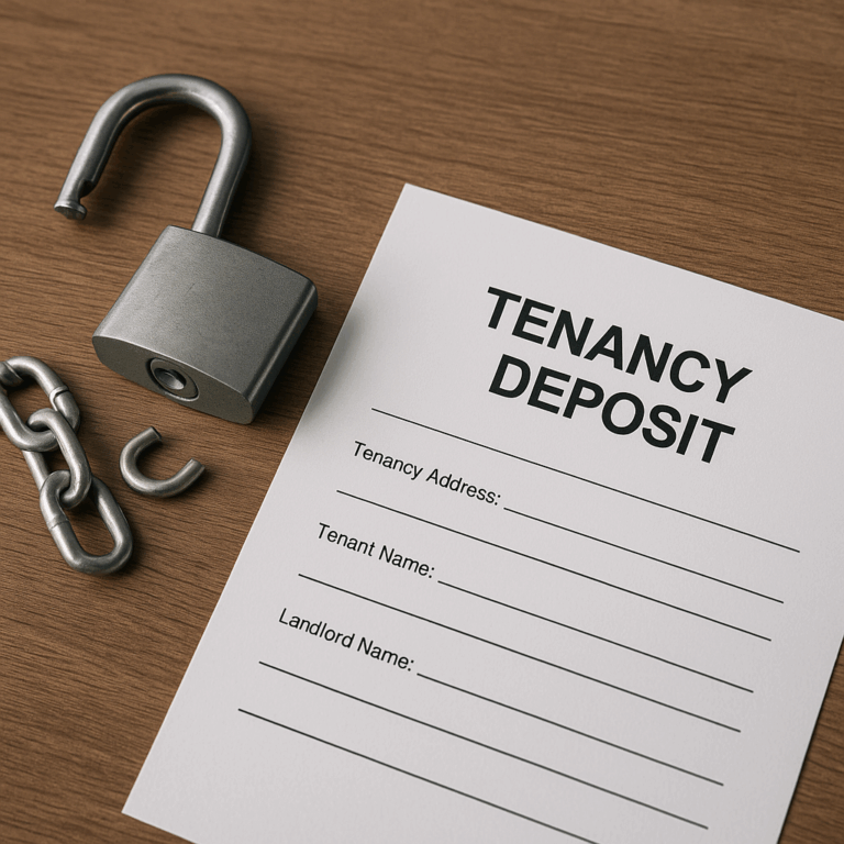 An unprotected tenancy deposit form beside an open padlock and broken chain.