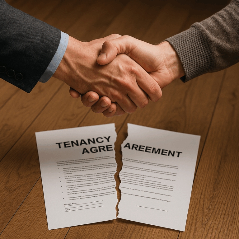 Two people shaking hands above a torn tenancy agreement on the floor.