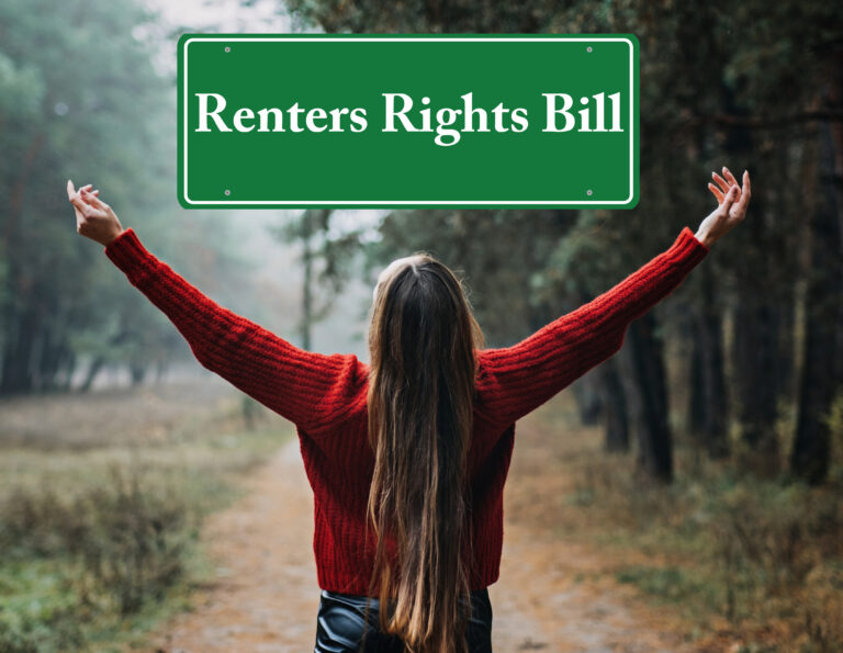 Woman celebrating new Renters’ Rights Bill in a forest setting.