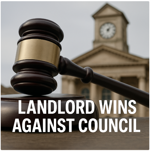 Judge’s gavel in front of courthouse symbolising landlord’s legal victory over council decision