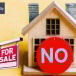 House with a “For Sale” sign and a red “NO” symbol representing drop in landlord property purchases.