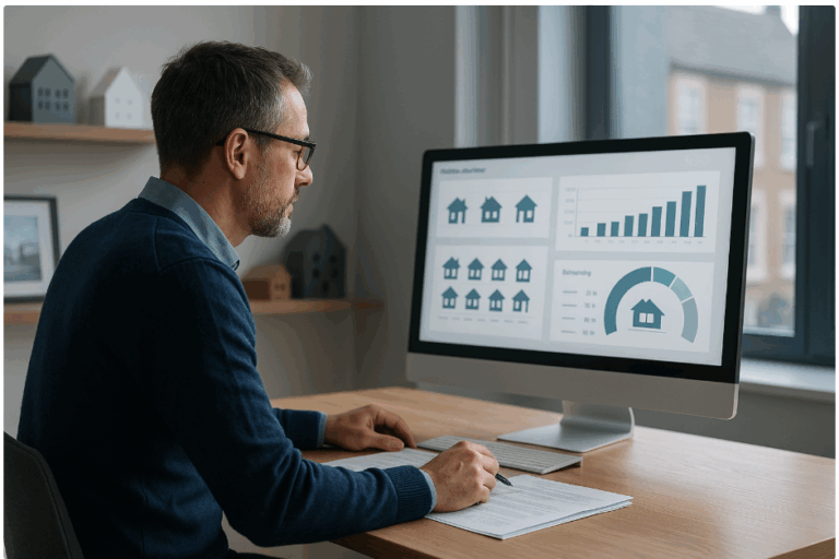Landlord reviewing property investment data and financial charts on a computere