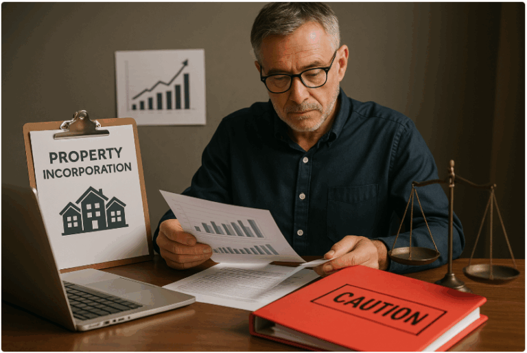 Man reviewing property incorporation documents with financial charts and legal files on desk