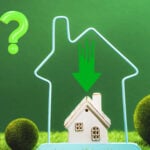 Illustration of house downsizing concept with green arrow and question mark.