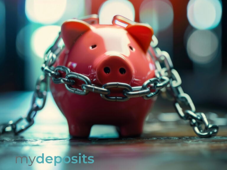 Pink piggy bank wrapped in metal chains symbolising secure tenant deposit protection