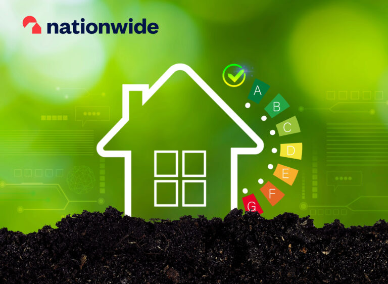 Illustration of a house with energy efficiency rating scale highlighting sustainable housing progress