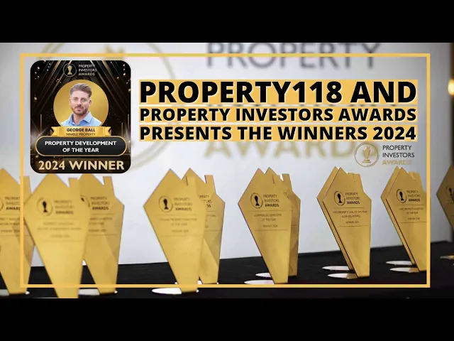 Property118 and Property Investors Awards celebrate 2024 winners with gold trophies on display.
