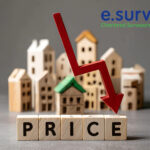 Red downward arrow over wooden houses symbolising falling UK house prices.