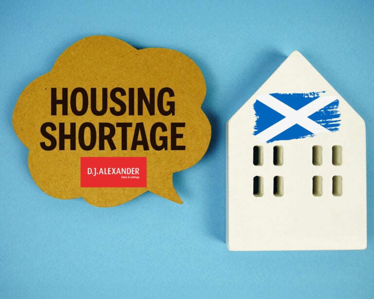 Concept image highlighting Scotland’s housing shortage with DJ Alexander logo and Scottish flag house