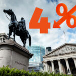Bank of England and Wellington statue with 4% rate cut graphic