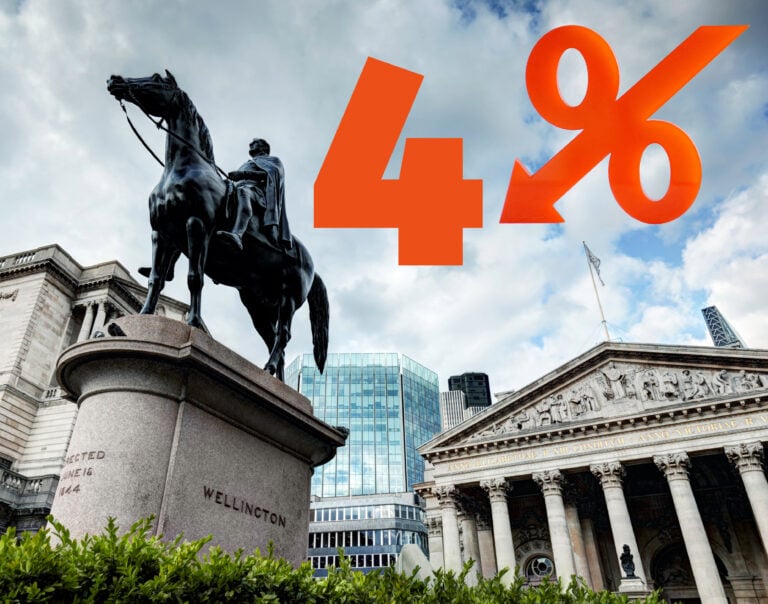 Bank of England and Wellington statue with 4% rate cut graphic