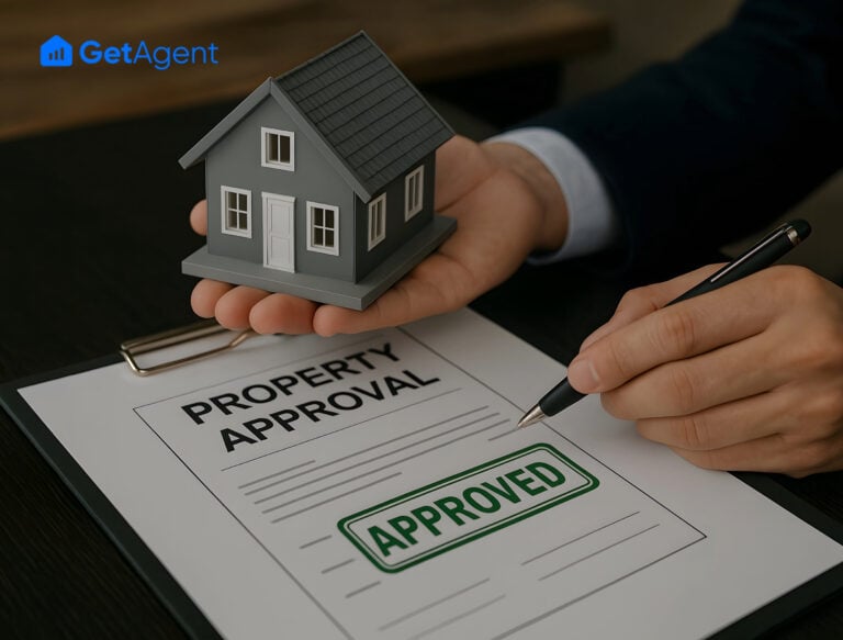 Property approval document with miniature house model and GetAgent logo.