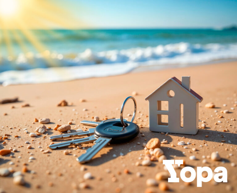 House keys and small model home on sunny beach representing summer property sales