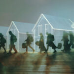 Asylum seekers walking past outlines of new-build houses, symbolising housing challenges in the UK