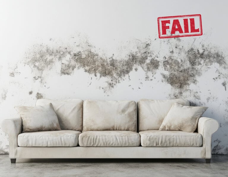 Mould-covered wall behind sofa highlighting housing standard failures