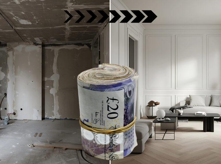 Rolled £20 notes symbolising investment in property renovation from unfinished to modern interiors.