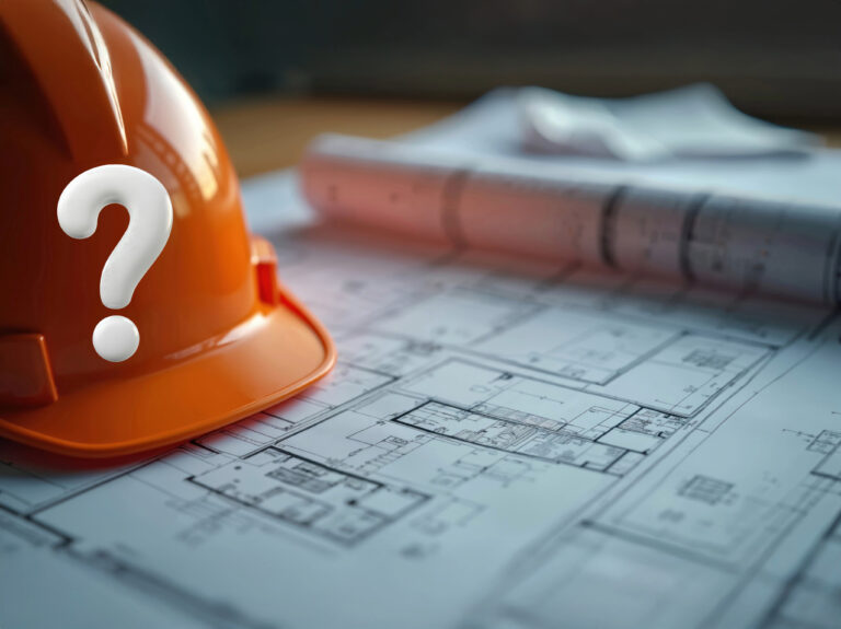 Orange hard hat with question mark on building plans, symbolizing uncertainty about housing regulations