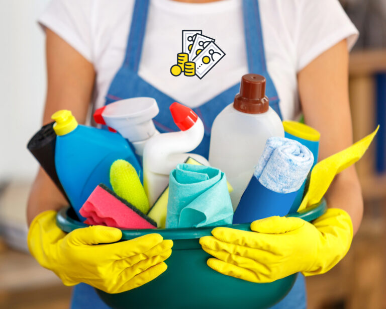 Person holding cleaning supplies, symbolizing deposit deductions for cleaning fees