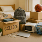 Packed boxes and essentials in a student dorm room ready for college move-in