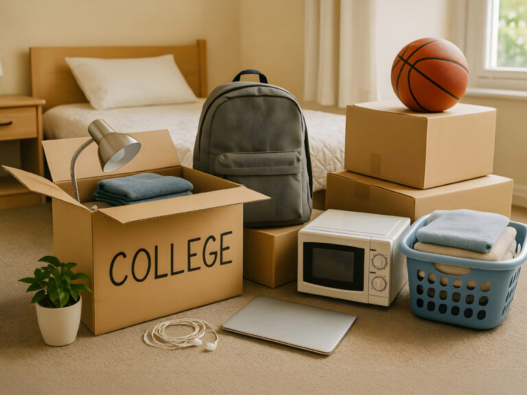 Packed boxes and essentials in a student dorm room ready for college move-in
