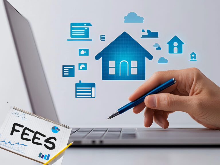 Hand using laptop with housing icons and fees concept, symbolizing landlord registration costs.