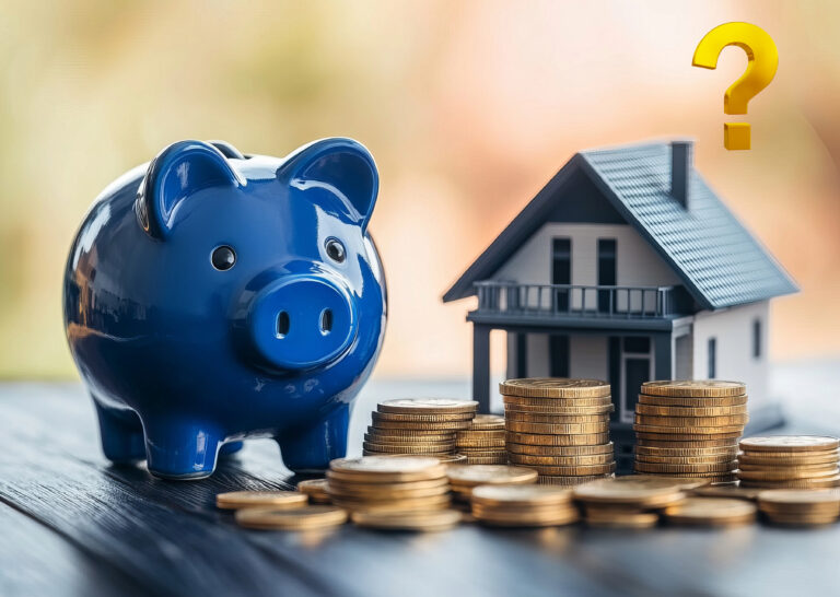 Blue piggy bank and house model with coin stacks symbolizing landlord deposit disputes