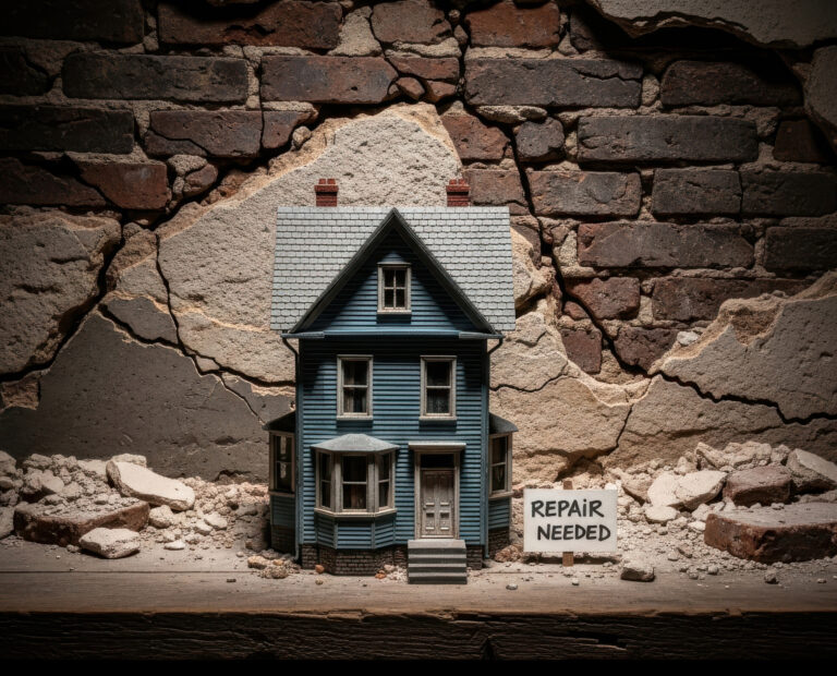 Model house in front of cracked brick wall with sign reading "Repair Needed"