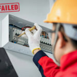 Electrician testing a fuse box with failed safety inspection stamp