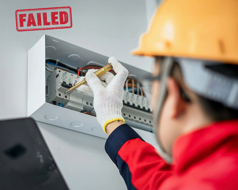 Electrician testing a fuse box with failed safety inspection stamp