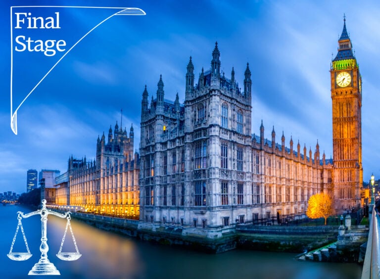 UK Parliament building with “Final Stage” text and justice scales symbolizing Renters’ Rights Bill progress
