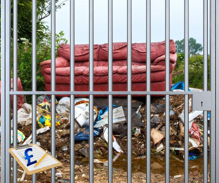Fly-tipped sofa and rubbish symbolising fines and prison risks for landlords.