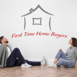Young couple sitting on floor looking at house outline with “First Time Home Buyers” text.