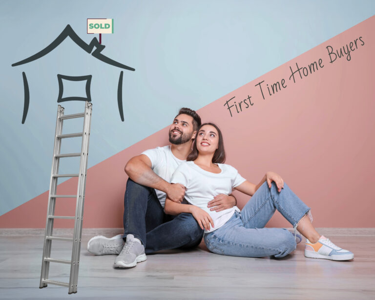 Happy young couple planning their first home purchase with “First Time Home Buyers” text.